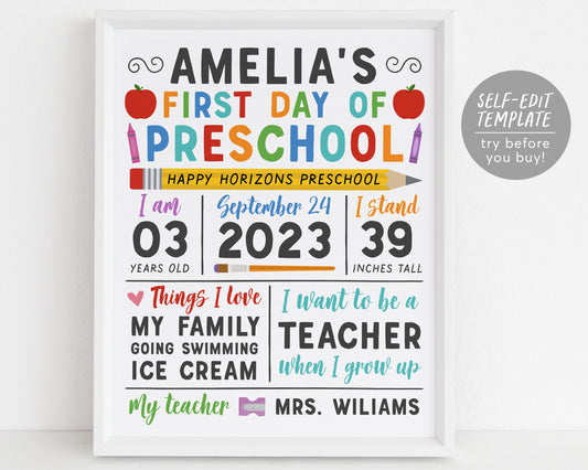 First Day Of School Sign Editable Template, First Day Of Preschool, 1st Day Of Kindergarten, Last Day Of School, Back to School, 1st Grade