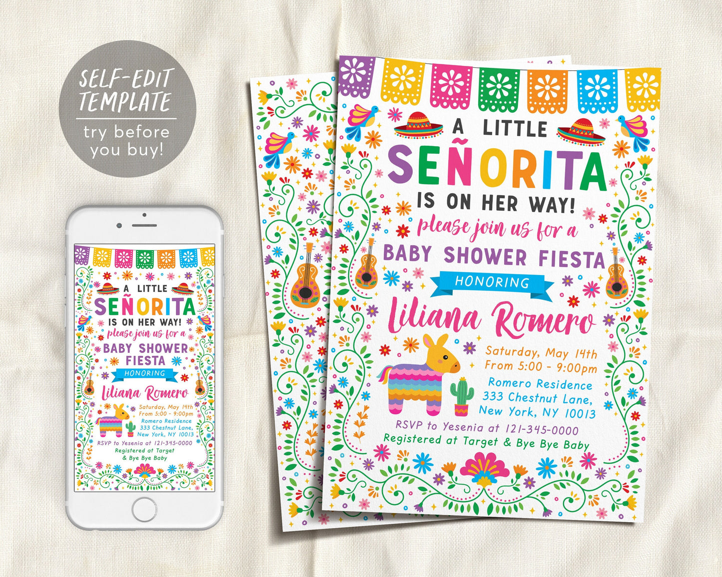 Fiesta Baby Shower Invitation Editable Template, A little Senorita Mexican Fiesta Theme Couples Coed Shower Sprinkle Party, Cinco De Mayo