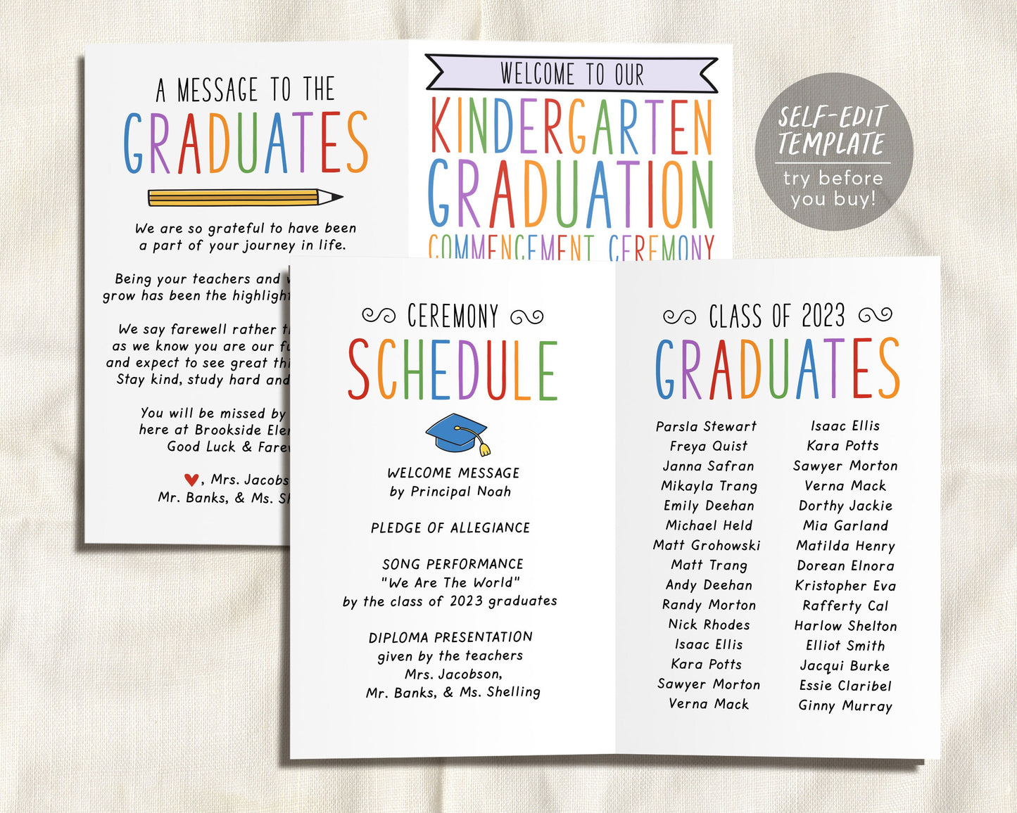 Graduation Program Editable Template for Kindergarten, Pre-K Preschool Ceremony Child Care Learning Center, Pamphlet Booklet Commencement