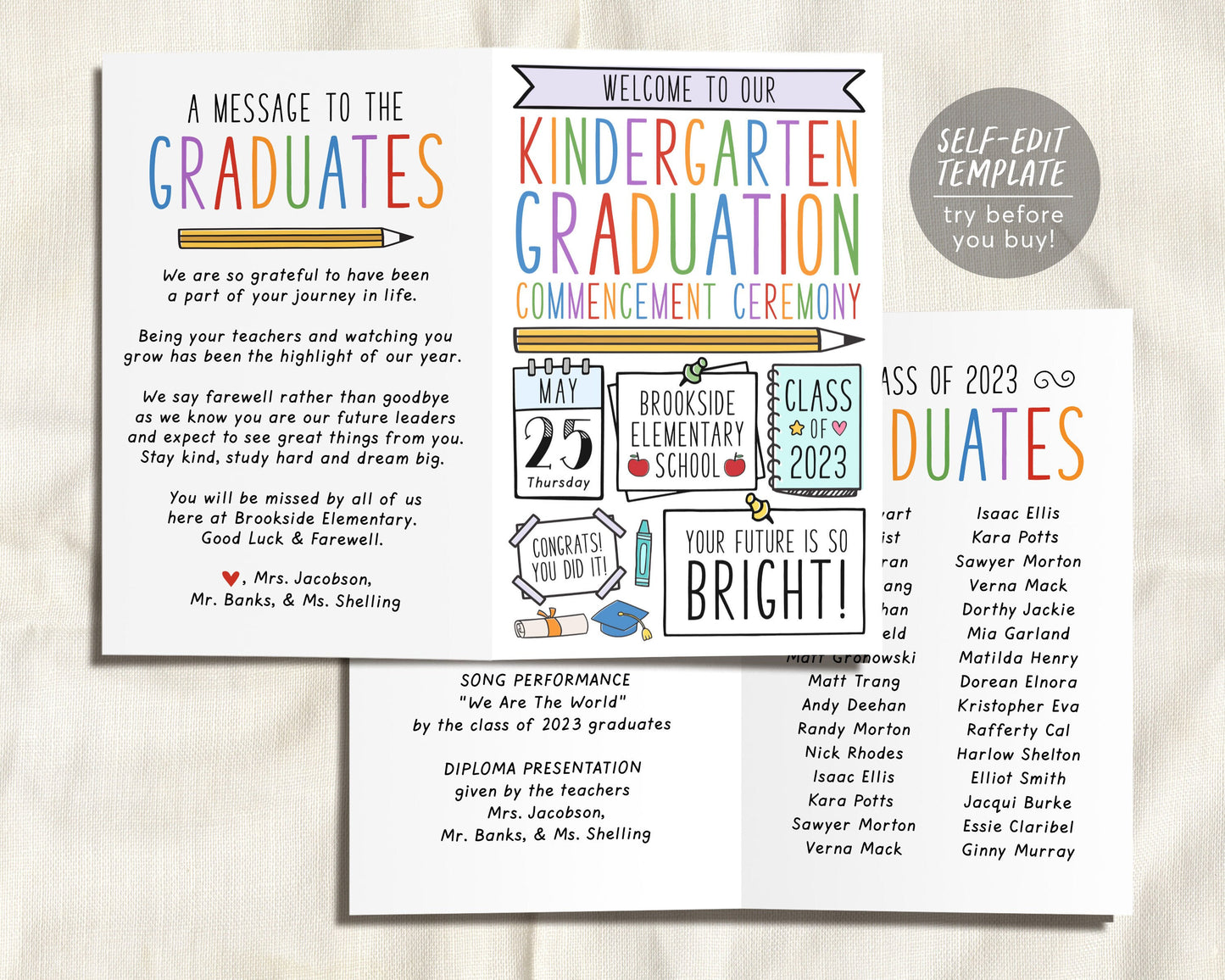 Graduation Program Editable Template for Kindergarten, Pre-K Preschool Ceremony Child Care Learning Center, Pamphlet Booklet Commencement