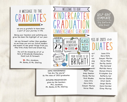 Graduation Program Editable Template for Kindergarten, Pre-K Preschool Ceremony Child Care Learning Center, Pamphlet Booklet Commencement