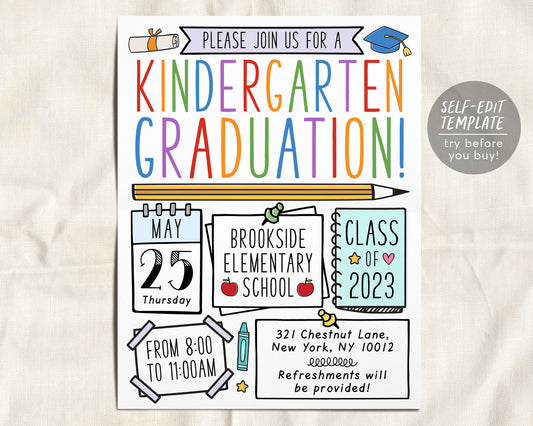 Kindergarten Graduation Invitation Flyer Editable Template, Preschool Class Graduation Announcement, Graduation Ceremony Invite Evite