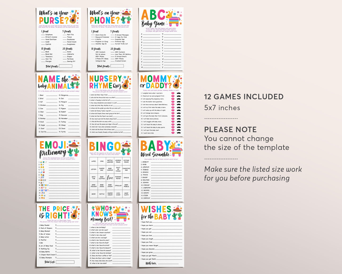 Fiesta Baby Shower Games Bundle Editable Template, 12 Shower Games, Mexican Theme Bingo Word Scramble, What's On Your Phone, Cinco De Mayo
