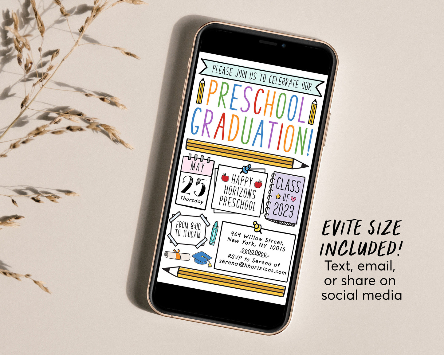 Preschool Graduation Invitation Editable Template, Pre-K Kindergarten Class Graduation Announcement, Graduation Ceremony Invite Evite