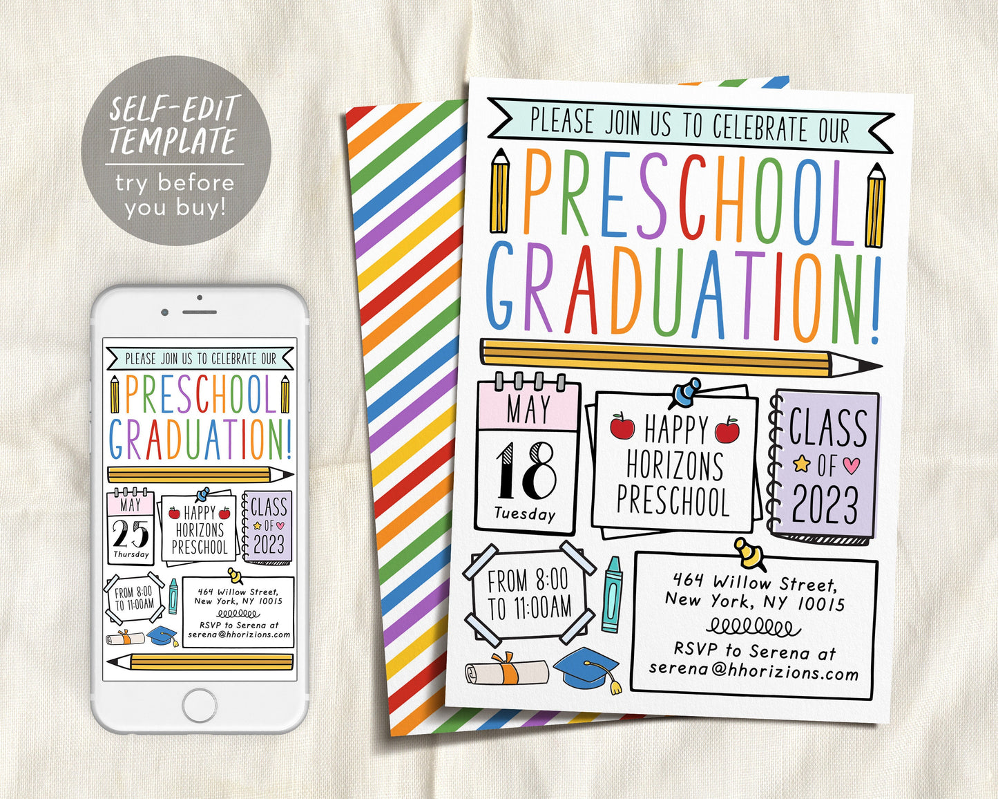 Preschool Graduation Invitation Editable Template, Pre-K Kindergarten Class Graduation Announcement, Graduation Ceremony Invite Evite