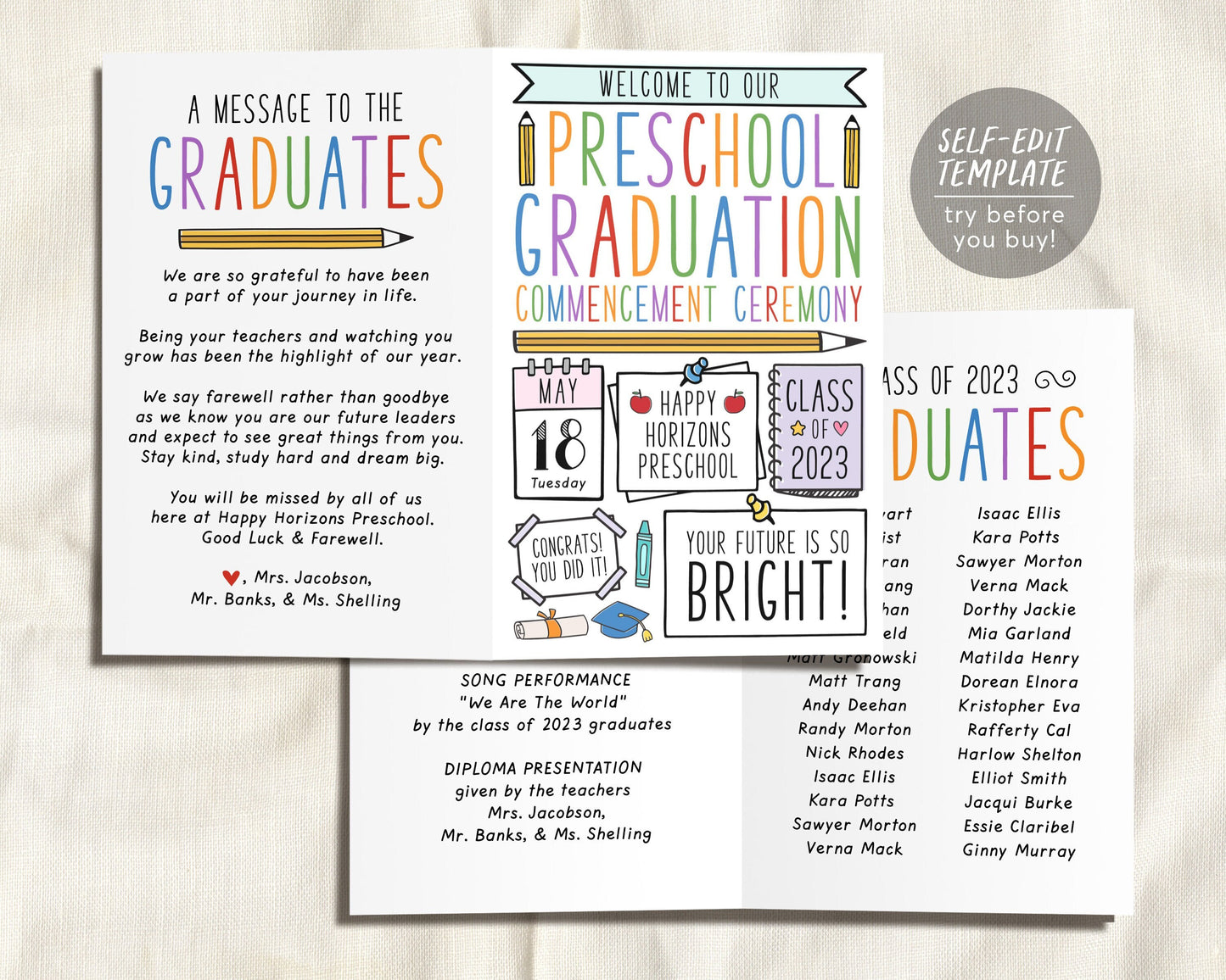 Graduation Program Editable Template for Preschool, Pre-K Ceremony Program Child Care Learning Center, Pamphlet Booklet Daycare Commencement
