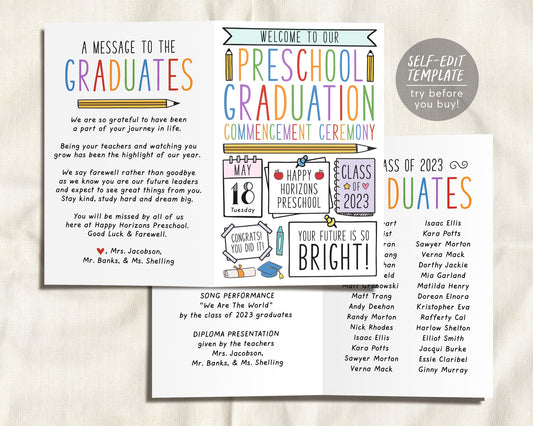 Graduation Program Editable Template for Preschool, Pre-K Ceremony Program Child Care Learning Center, Pamphlet Booklet Daycare Commencement