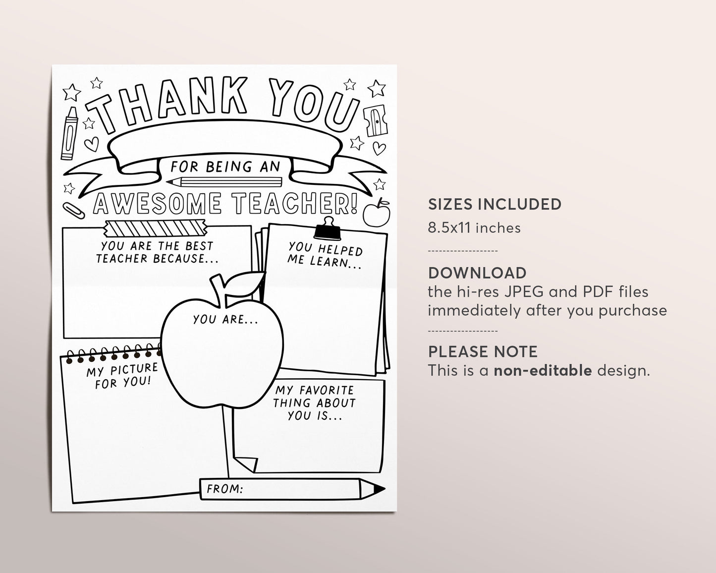 Teacher Appreciation Week Printable, Teacher Coloring Page Survey Elementary Kindergarten, Teacher Thank You, All About My Teacher Download