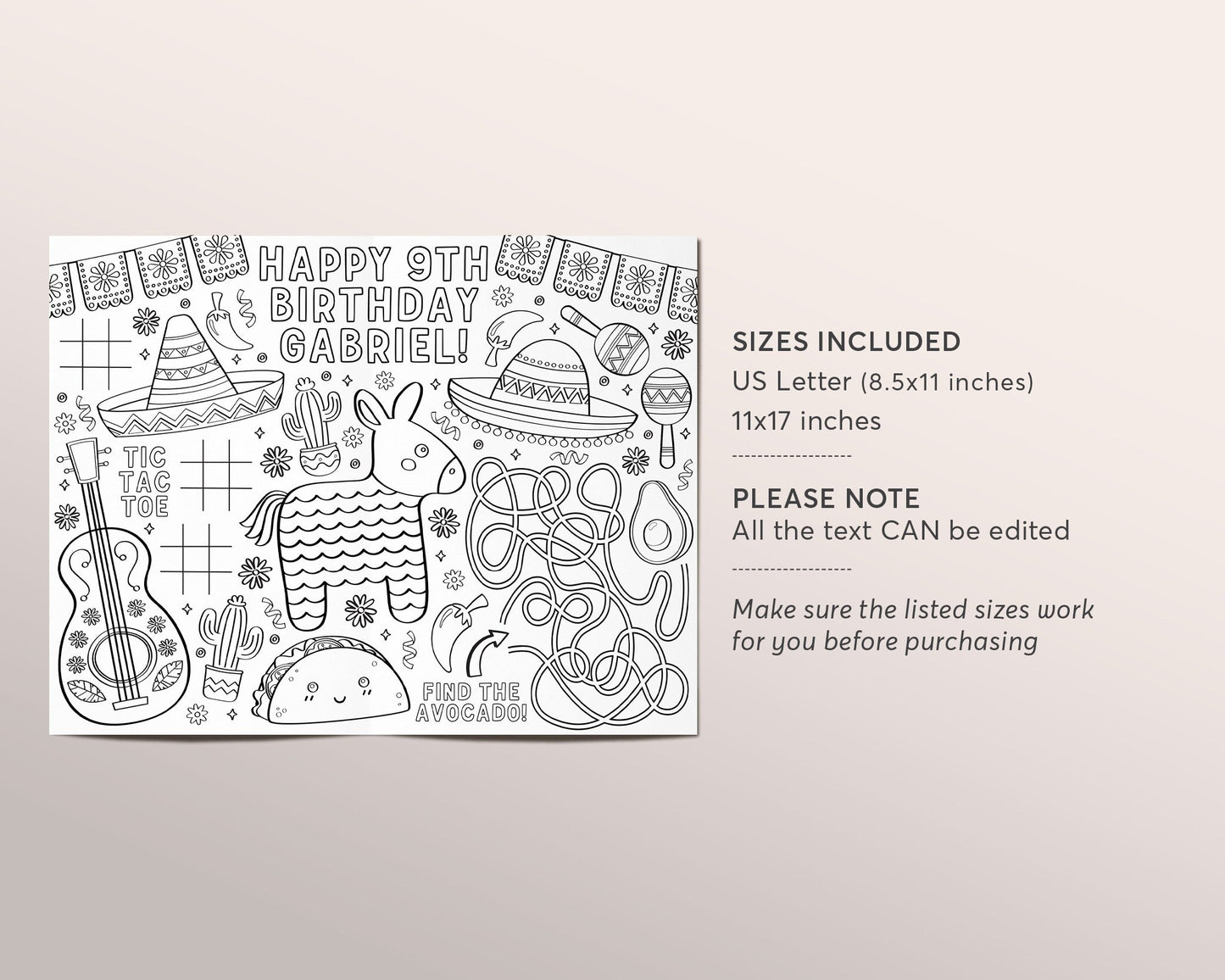 Fiesta Coloring Placemat For Kids Editable Template, Mexican Birthday Party Coloring Page Sheet Table Mat Activity, Cinco De Mayo Piñata
