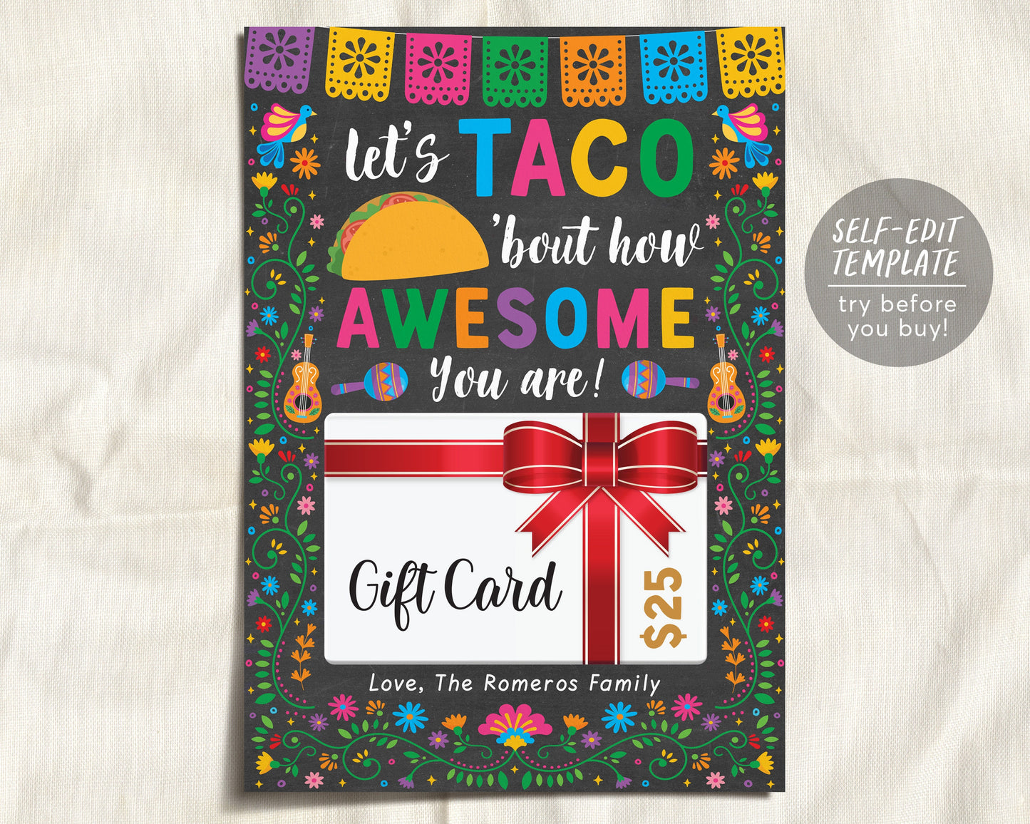 Fiesta Cinco De Mayo Gift Card Holder Editable Template, Mexican Themed Nurse Staff Teacher Taco Appreciation Gift, Teacher's Day Thank You