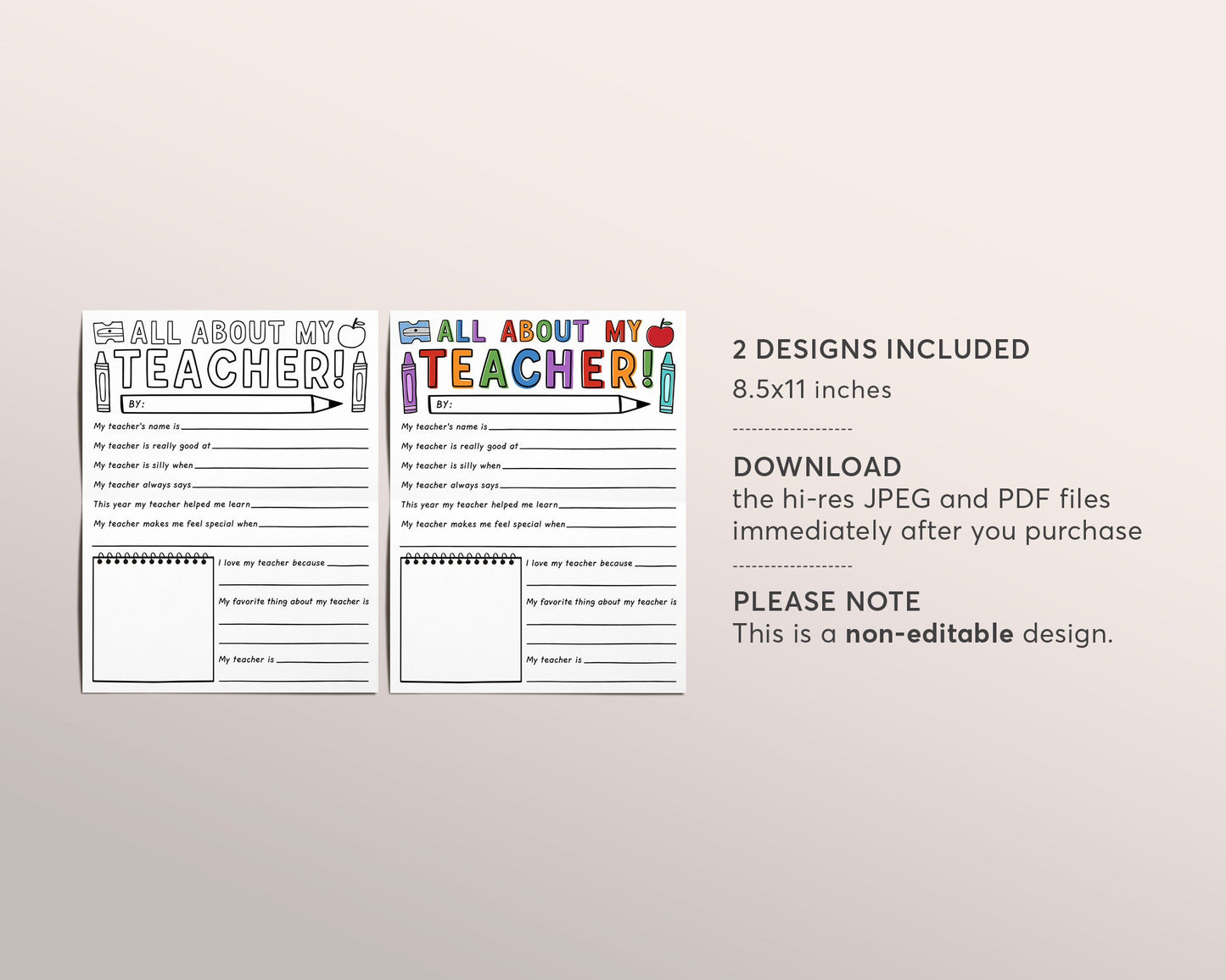Teacher Appreciation Week Printable, Teacher Coloring Page Survey Elementary Kindergarten, Teacher Thank You, All About My Teacher Download