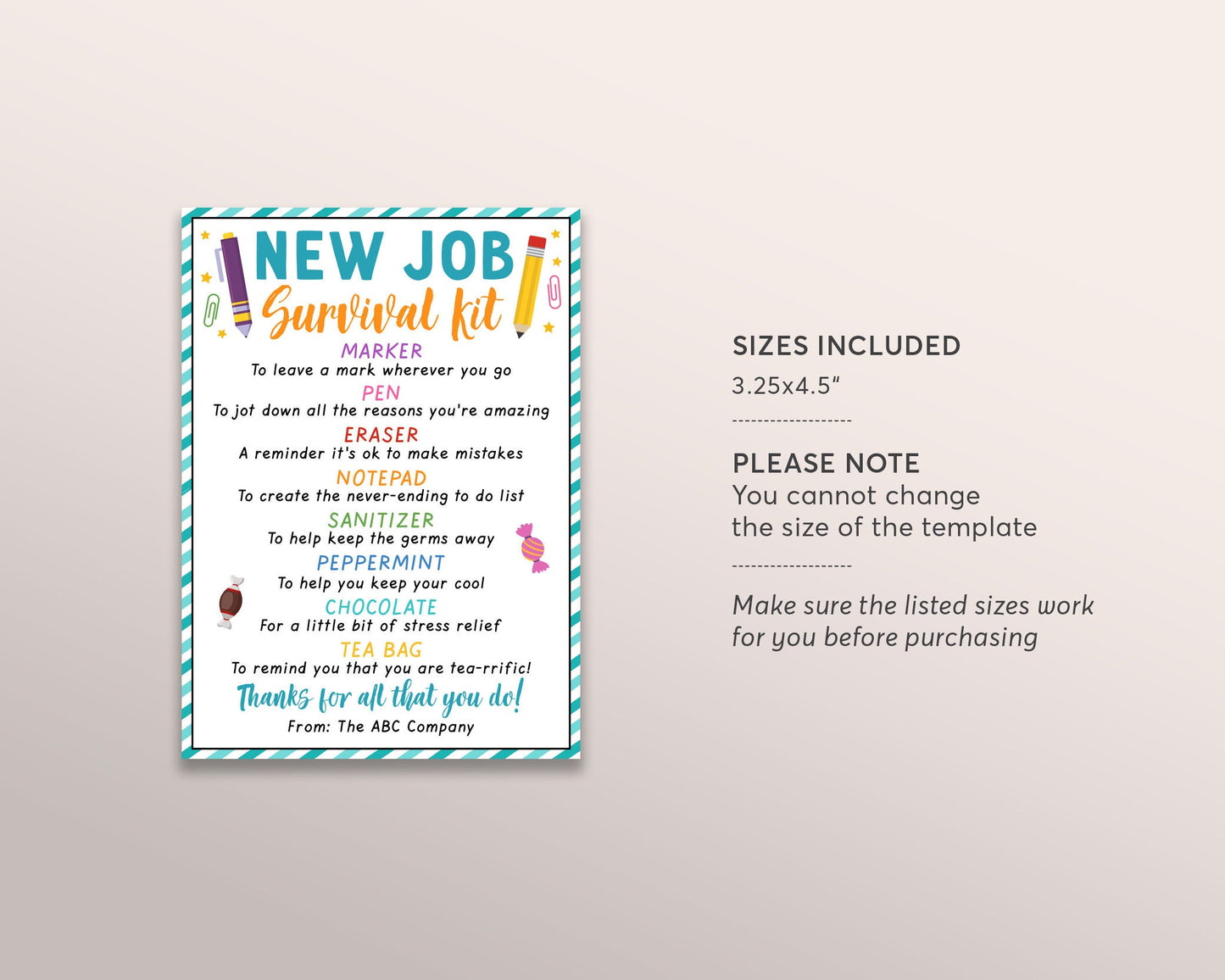New Job Survival Kit Tag Editable Template, Career Congratulations Gift Idea, Welcome Staff Coworker Employee Gift Tags, Employee Treat