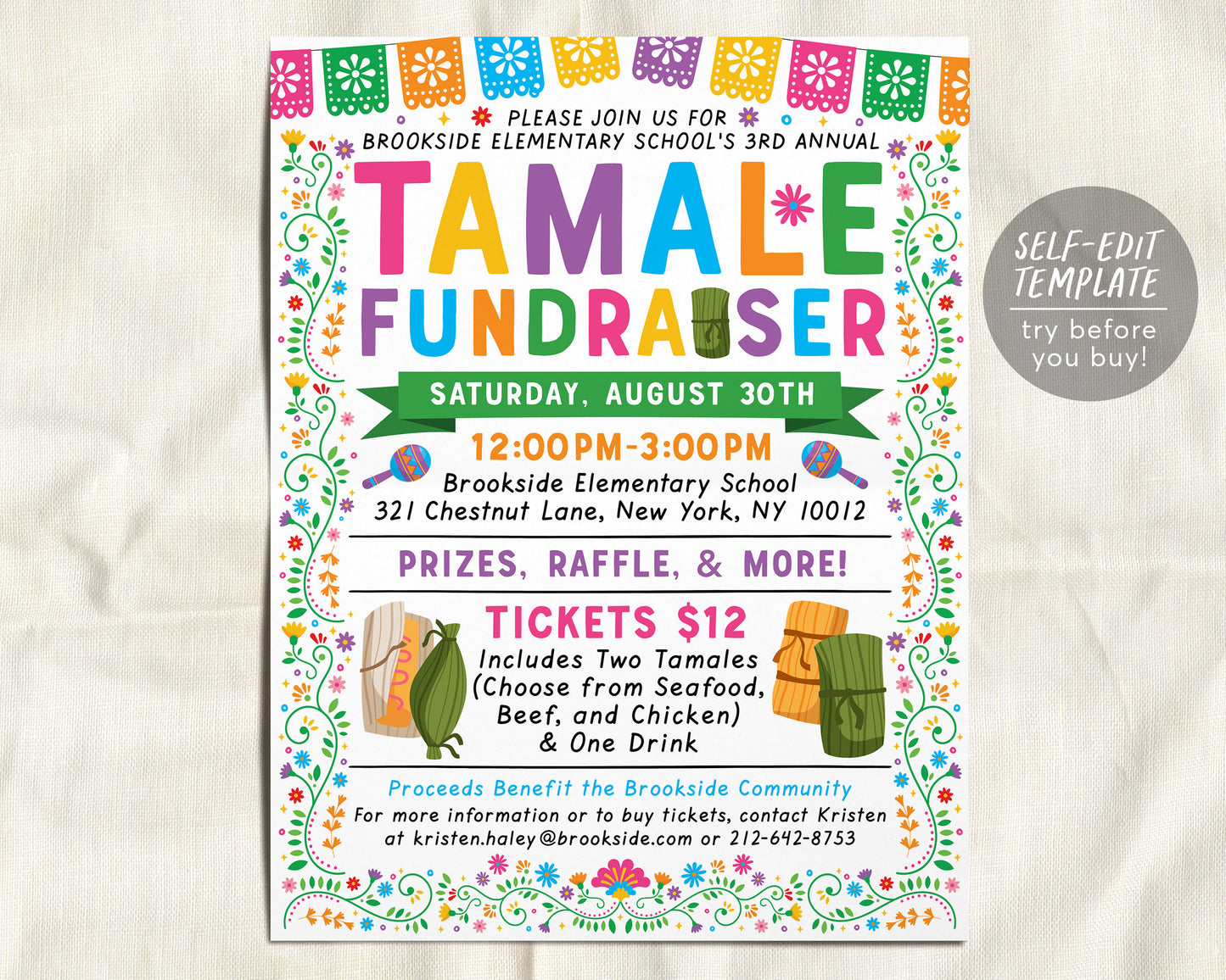 Tamale Fundraiser Flyer Editable Template, Fiesta Mexican Night Dinner Charity, Church Community PTO PTA School Benefit Event Youth Sports