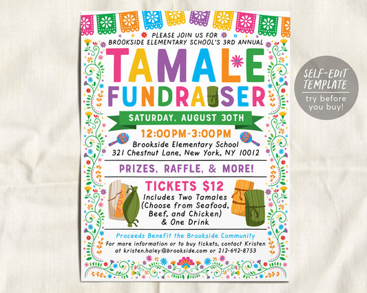 Tamale Fundraiser Flyer Editable Template, Fiesta Mexican Night Dinner Charity, Church Community PTO PTA School Benefit Event Youth Sports