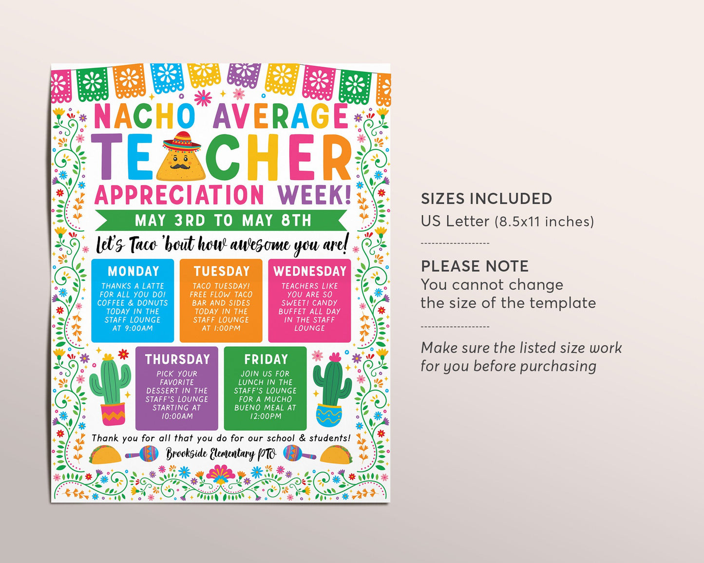 Nacho Average Teacher Appreciation Week Schedule Editable Template, Fiesta Mexican Itinerary Poster, Schedule Events, Staff Luncheon