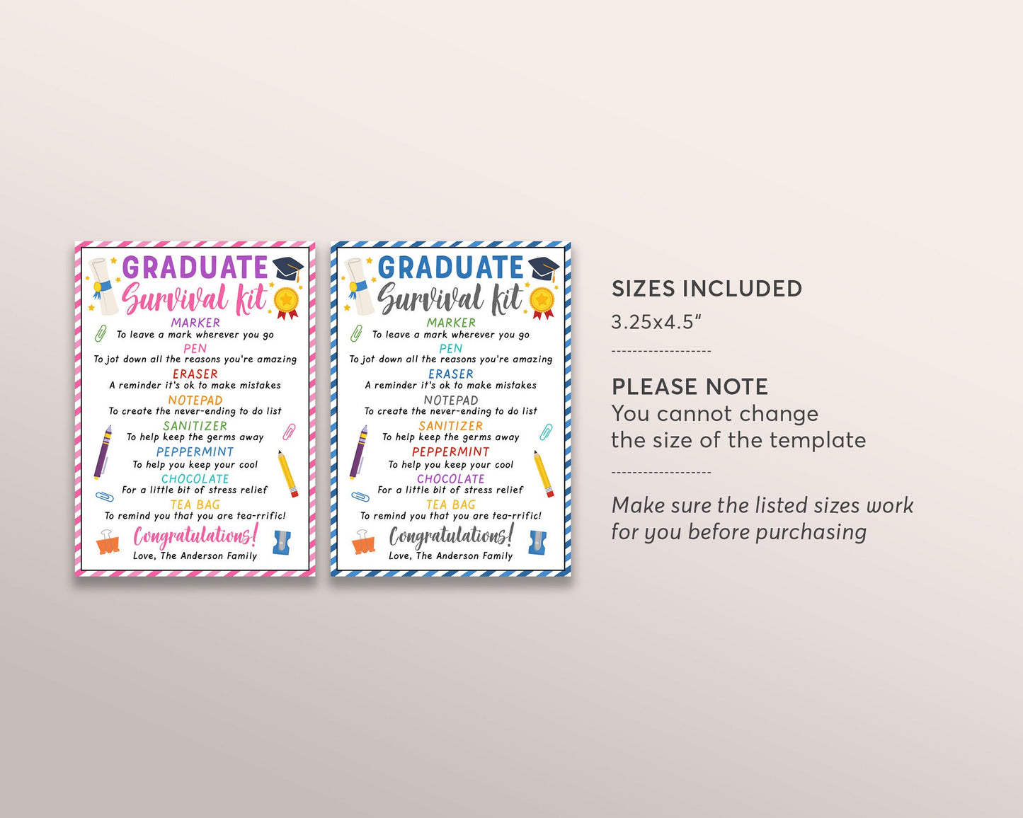 New Graduate Survival Kit Tag Editable Template, Graduation Gift Idea, College Survival Kit, Going Away to College Care Package Printable