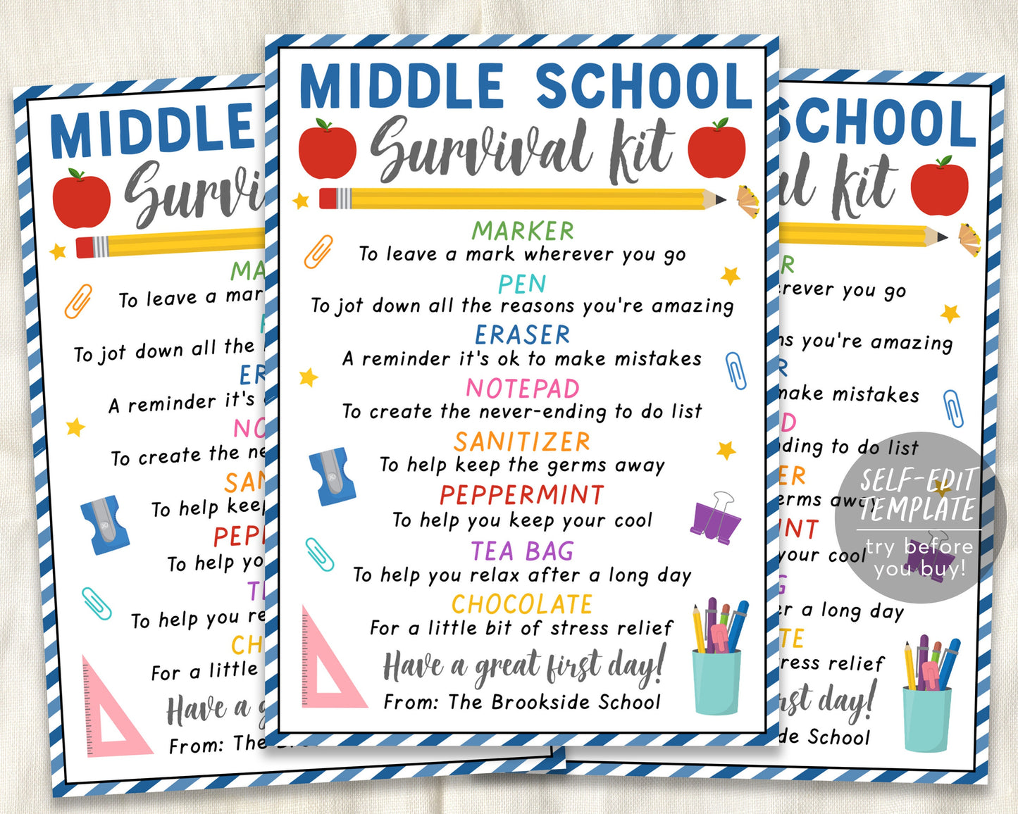 Middle School Student Survival Kit Gift Tags Editable Template, Back To School Gift For Teachers Staff Students, 6th 7th 8th Grade