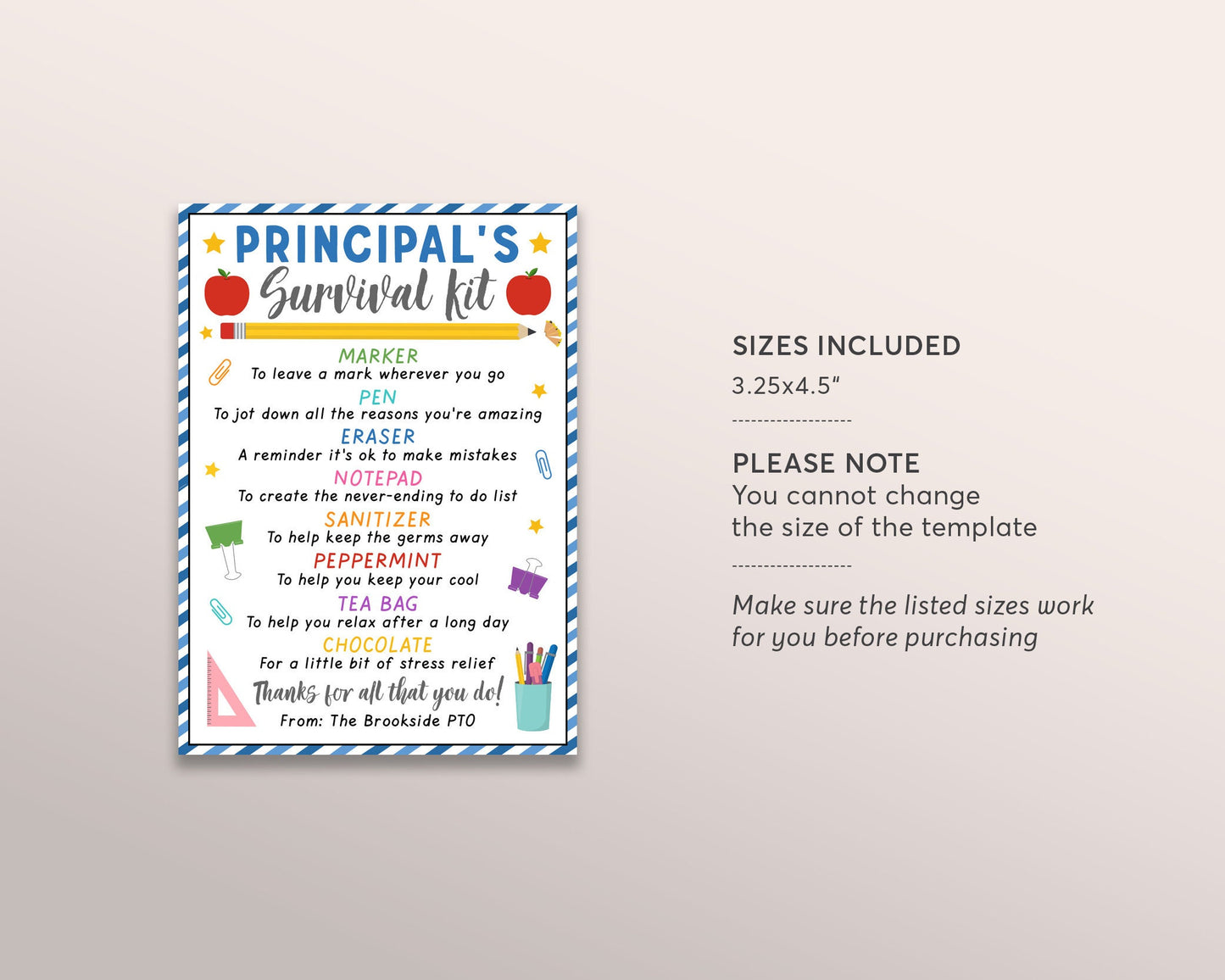 School Principal Survival Kit Editable Template, Principal Appreciation Day Thank You Gift Tags, Back to School Gift PTA PTO Printable
