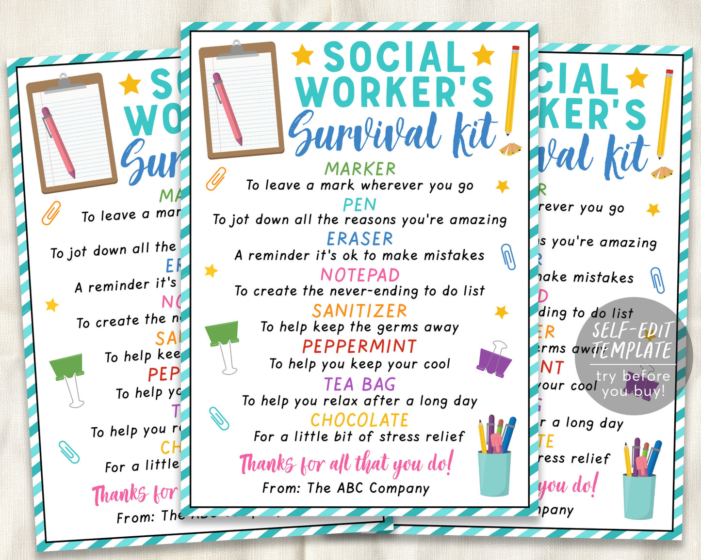 Social Worker Survival Kit Gift Tags Editable Template, School Social Work Appreciation Thank You, Guidance School Counselor Back to School