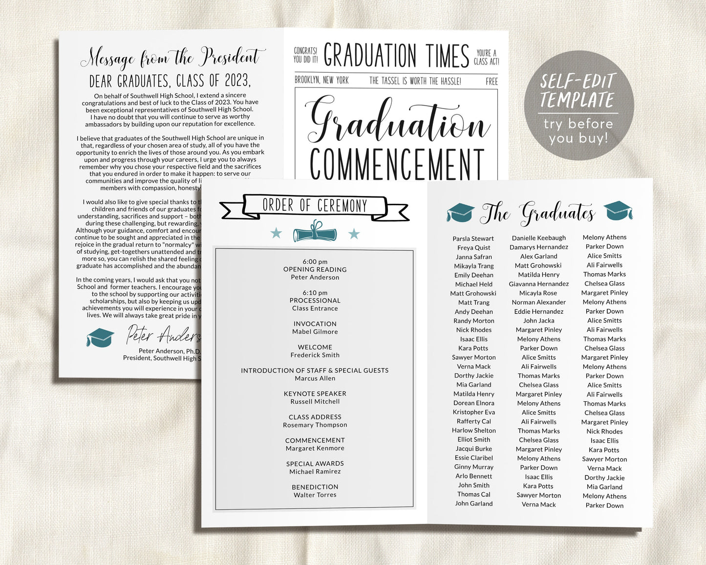Graduation Program Editable Template, Pamphlet Booklet Newspaper High School Graduation, Commencement College Church 8th Grade Ceremony