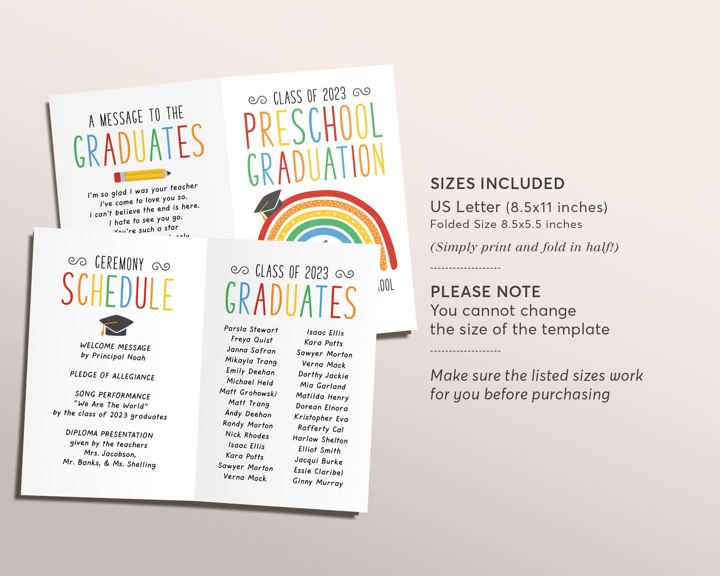 Graduation Program Editable Template for Preschool, Pre-K Ceremony Program Child Care Learning Center, Pamphlet Booklet Daycare Commencement