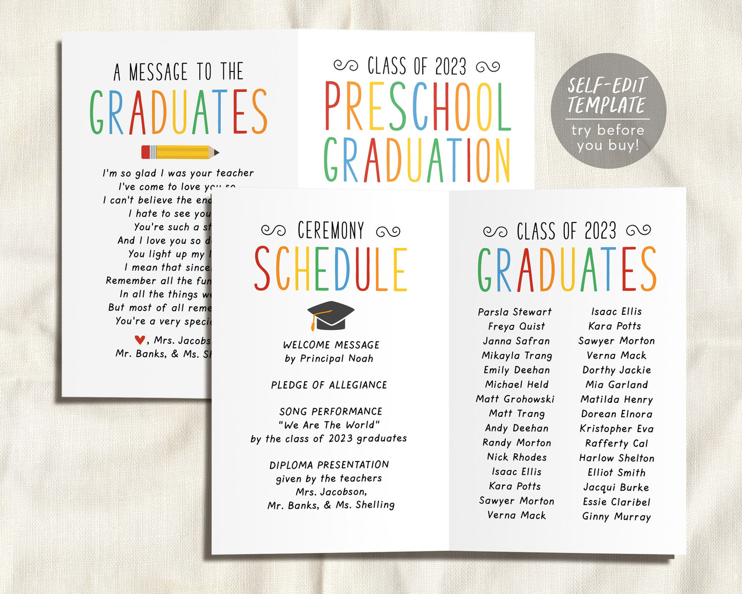 Graduation Program Editable Template for Preschool, Pre-K Ceremony Program Child Care Learning Center, Pamphlet Booklet Daycare Commencement