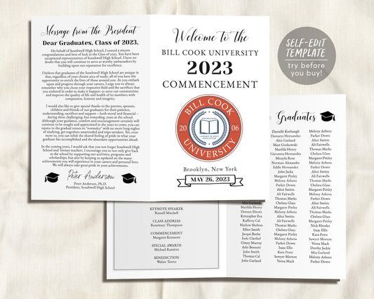 Graduation Program Editable Template, Add Your Own Logo, Pamphlet Booklet Newspaper University College High School Commencement Ceremony
