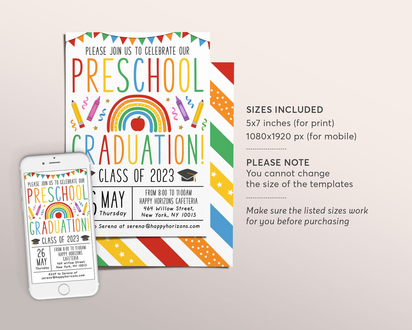 Preschool Graduation Invitation Editable Template, Pre-K Kindergarten Class Graduation Announcement, Graduation Ceremony Invite Evite