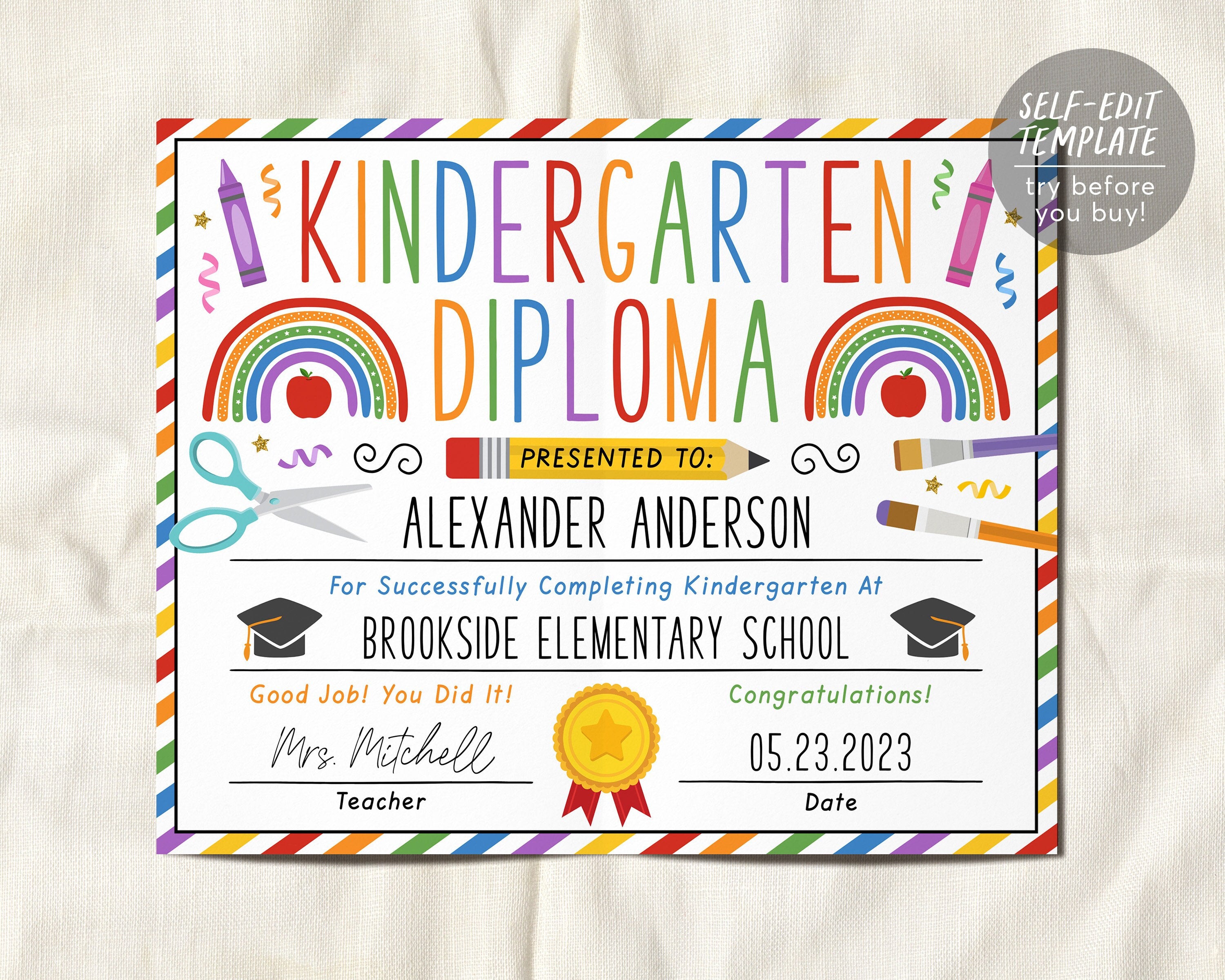 Kindergarten Graduation Diploma Editable Template