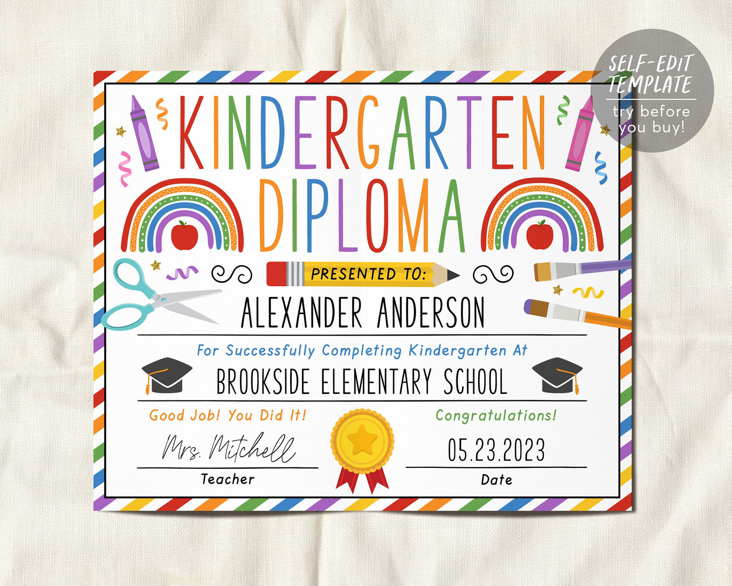 Kindergarten Graduation Diploma Editable Template, Kindergarten Certificate of Completion Printable, Preschool PreK Ceremony Announcement