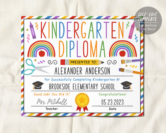 Kindergarten Graduation Diploma Editable Template, Kindergarten Certificate of Completion Printable, Preschool PreK Ceremony Announcement