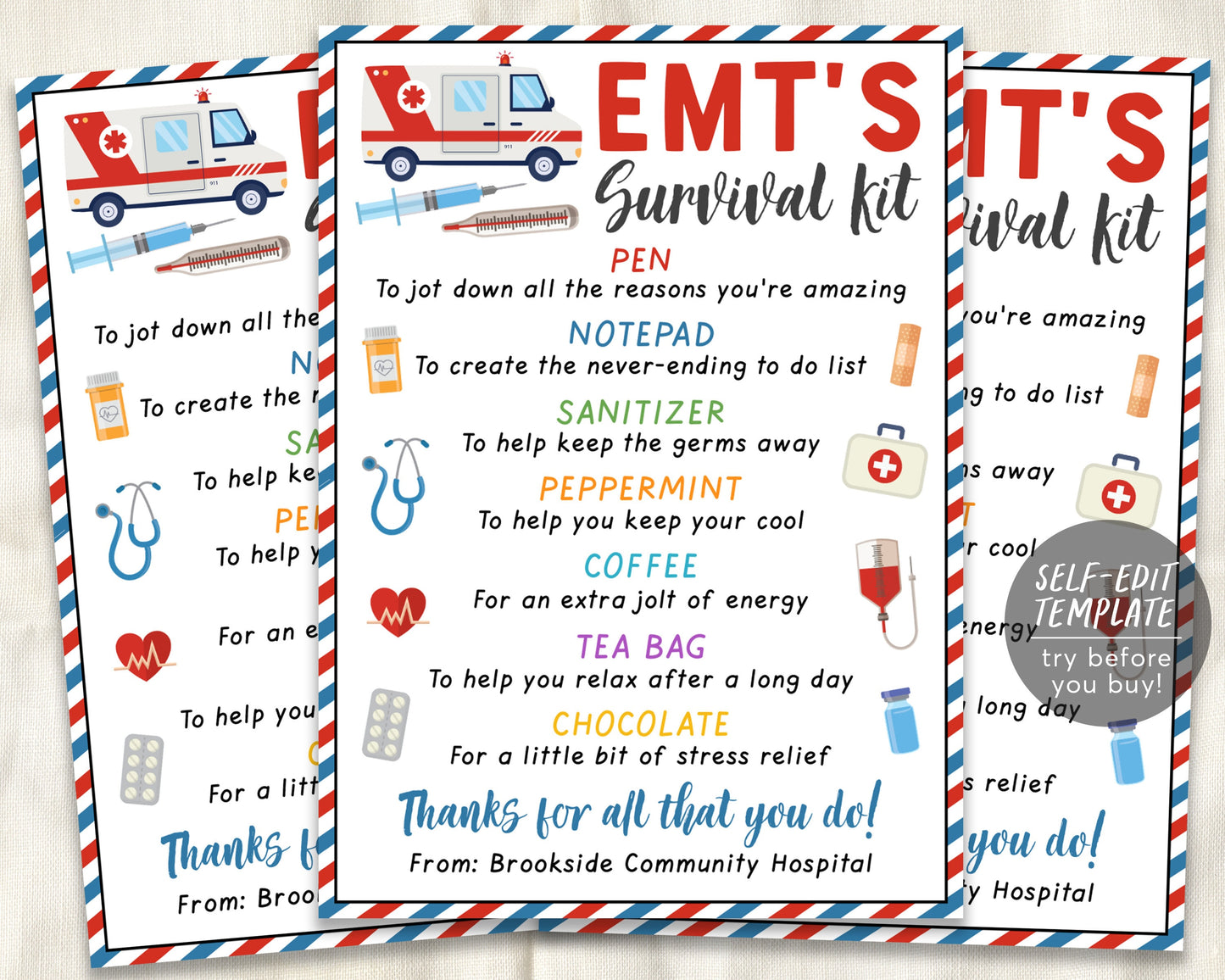 EMT Survival Kit Gift Tags Editable Template, EMT'S Appreciation Thank You, Ambulance Driver Medical Enforcement Staff Appreciation Week