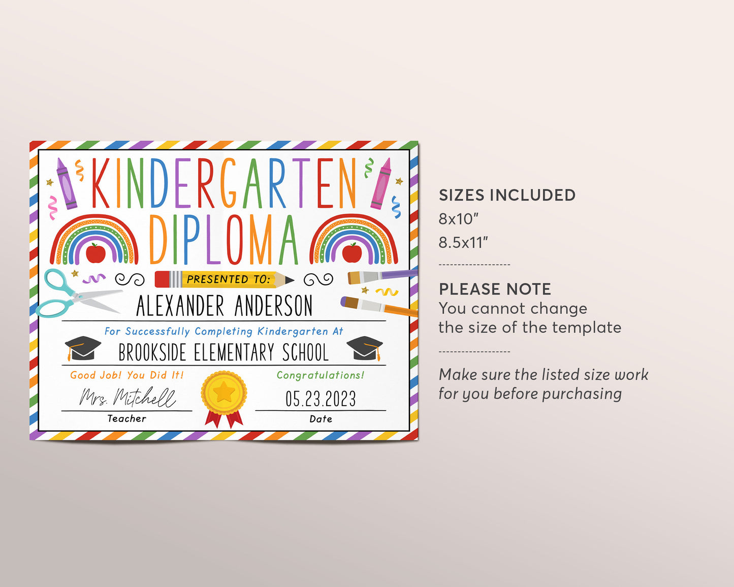 Kindergarten Graduation Diploma Editable Template, Kindergarten Certificate of Completion Printable, Preschool PreK Ceremony Announcement