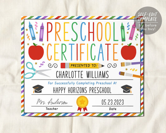 Preschool Graduation Certificate Editable Template, PreK Kindergarten Diploma Certificate of Completion, Last Day of Preschool Sign
