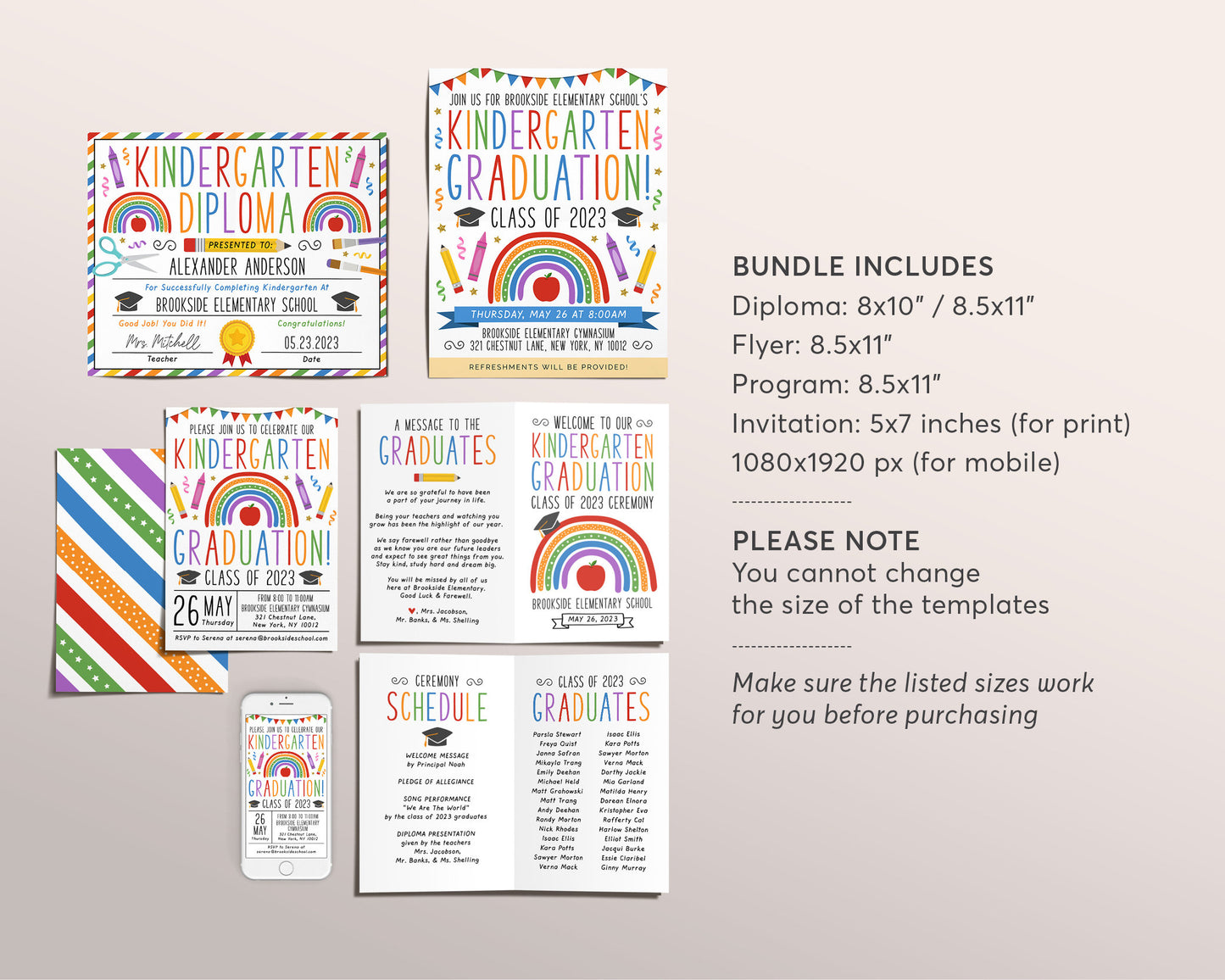 Kindergarten Graduation Ceremony BUNDLE Editable Template, Class Graduation Program, Preschool Announcement Invitation Invite, PreK Flyer