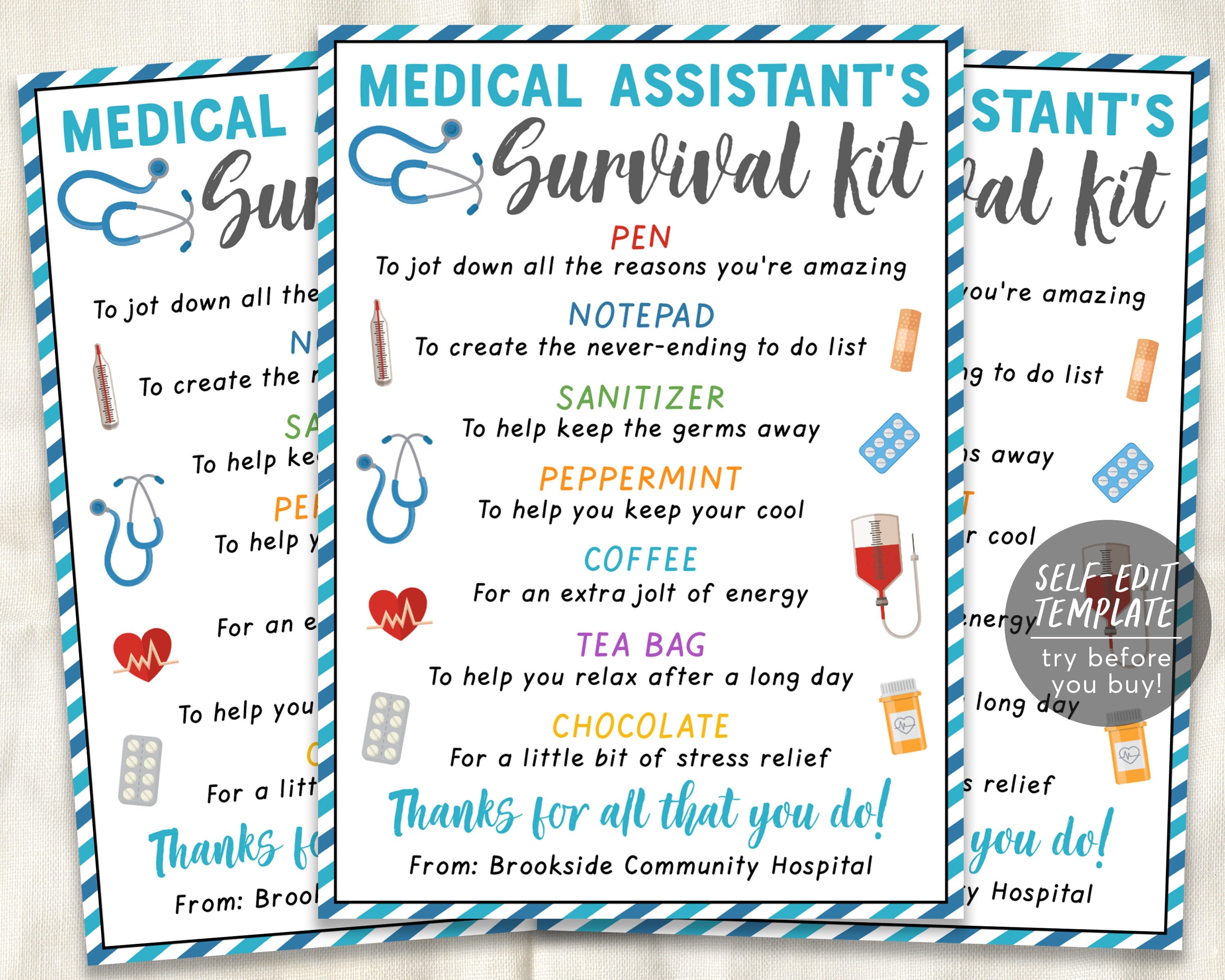 medical assistant survival kit gift tags editable template, cna nursing assistant, nurse appreciation national nurses day thank you gifts