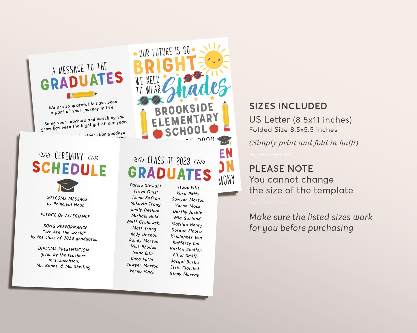 Graduation Program Editable Template for Kindergarten, Pre-K Preschool Ceremony, Future Is So Bright, Child Care Learning Center Pamphlet