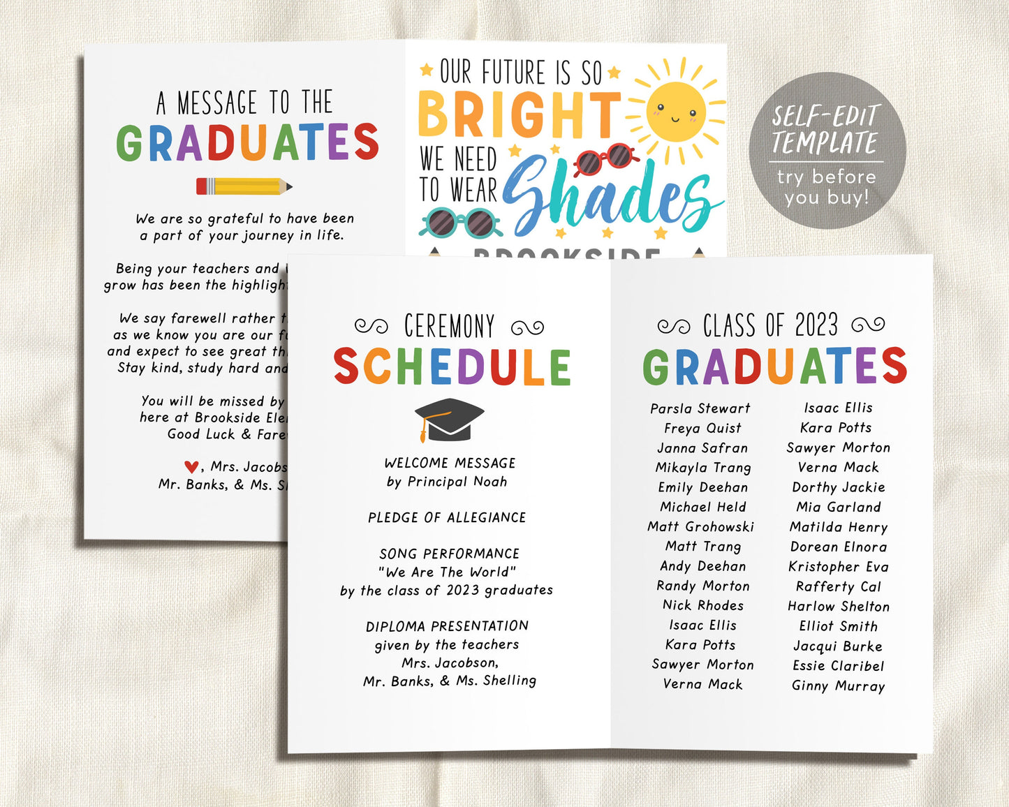 Graduation Program Editable Template for Kindergarten, Pre-K Preschool Ceremony, Future Is So Bright, Child Care Learning Center Pamphlet