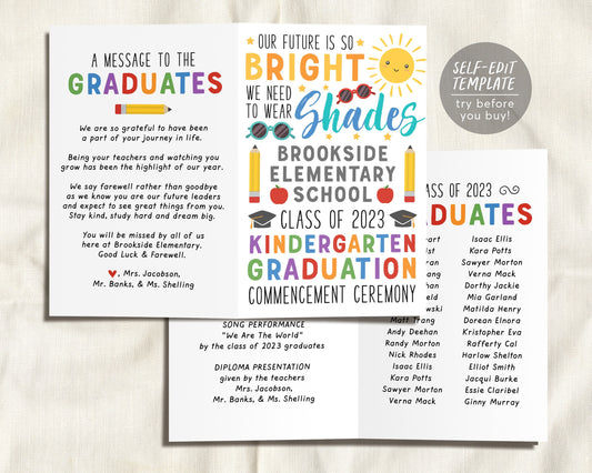 Graduation Program Editable Template for Kindergarten, Pre-K Preschool Ceremony, Future Is So Bright, Child Care Learning Center Pamphlet