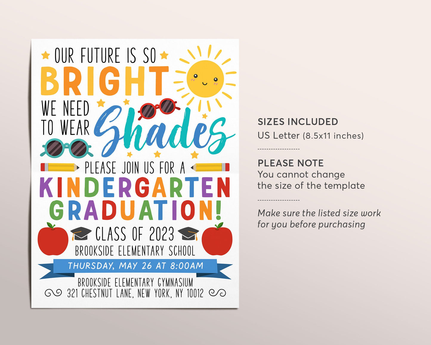 Kindergarten Graduation Invitation Flyer Editable Template, Preschool Class Graduation Announcement, Future is So Bright Ceremony Invite