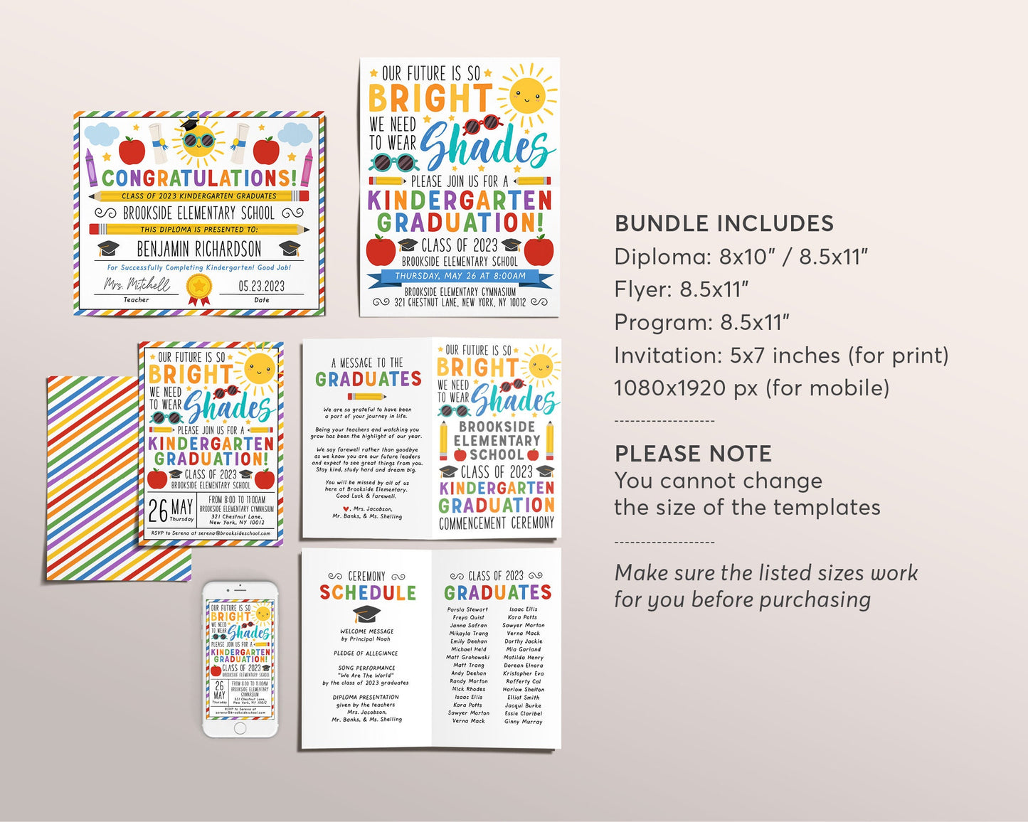 Kindergarten Graduation Ceremony BUNDLE Editable Template, Future is So Bright Class Graduation Program, Preschool Announcement Invitation