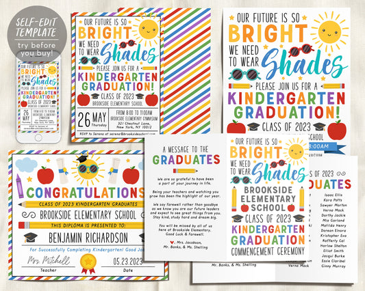 Kindergarten Graduation Ceremony BUNDLE Editable Template, Future is So Bright Class Graduation Program, Preschool Announcement Invitation