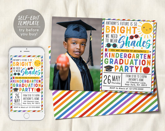 Kindergarten Graduation Party Invitation With Photo Editable Template, Preschool Class Ceremony Announcement Invite, Our Future is Bright
