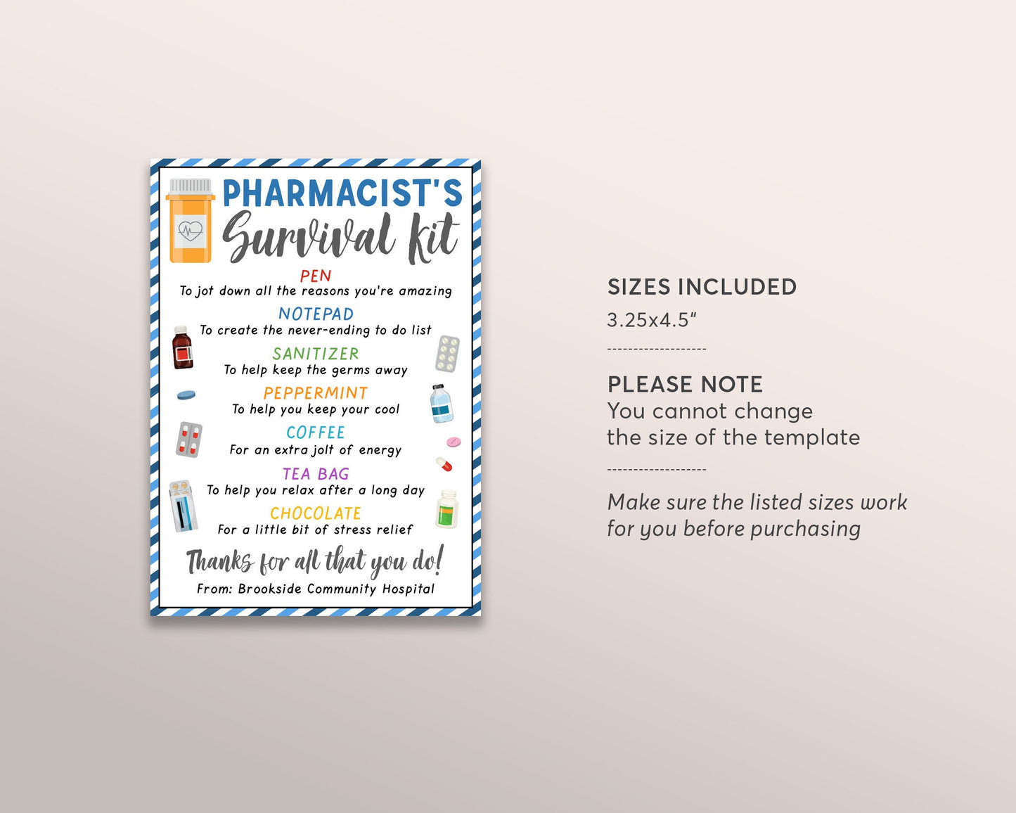 Pharmacist Survival Kit Gift Tags Editable Template, PharmD Pharmacy Pharmacy Graduates. National Pharmacist Day, Healthcare Appreciation