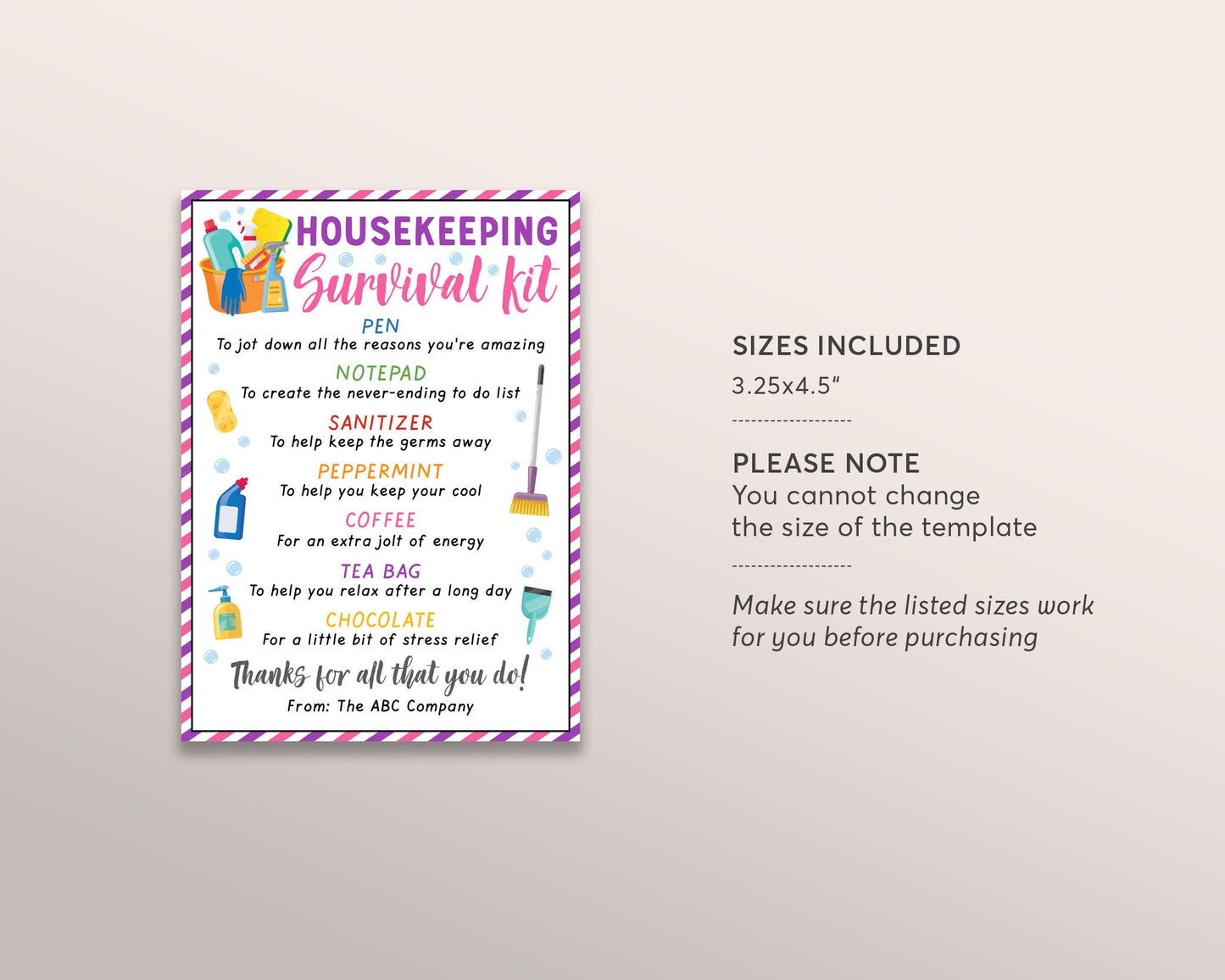 Housekeeper Survival Kit Gift Tags Editable Template, Housekeeping Appreciation Week Gift, Home Cleaning Company Staff Janitor Housekeeper's