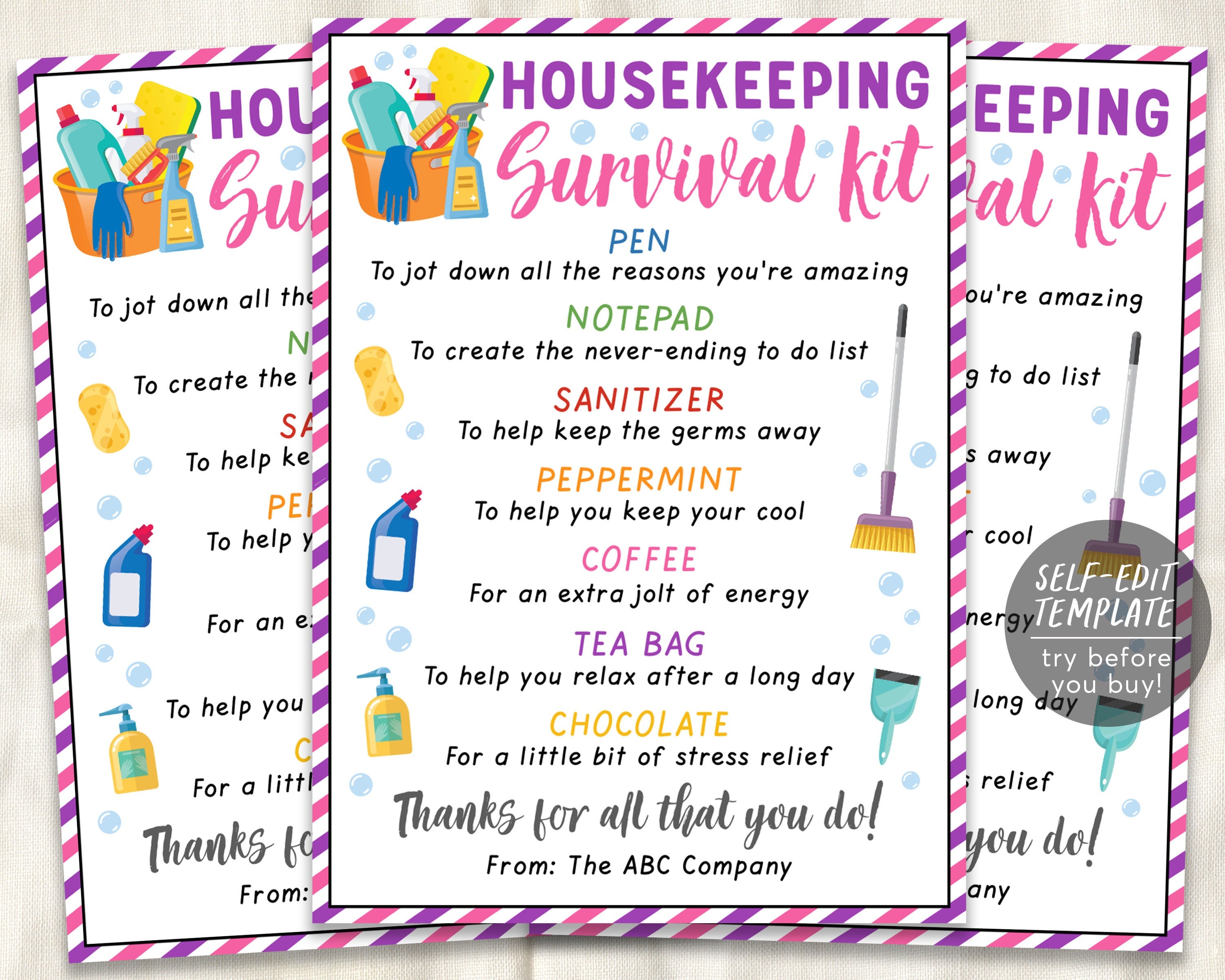 Housekeeper Survival Kit Gift Tags Editable Template, Housekeeping App