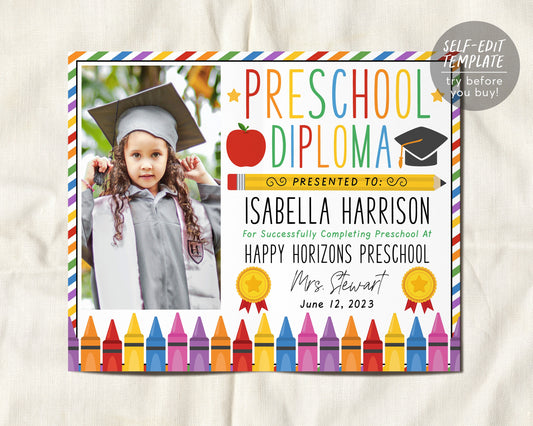 Preschool Graduation Diploma With Photo Editable Template, PreK Kindergarten Certificate of Completion, Personalized School Pre-K Sign