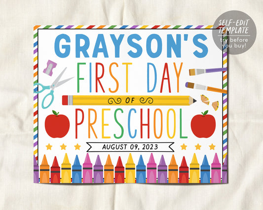 Back to School Sign Editable Template, First Day Of School Preschool Pre K Poster Photo Prop Printable, Personalized School Sign Elementary