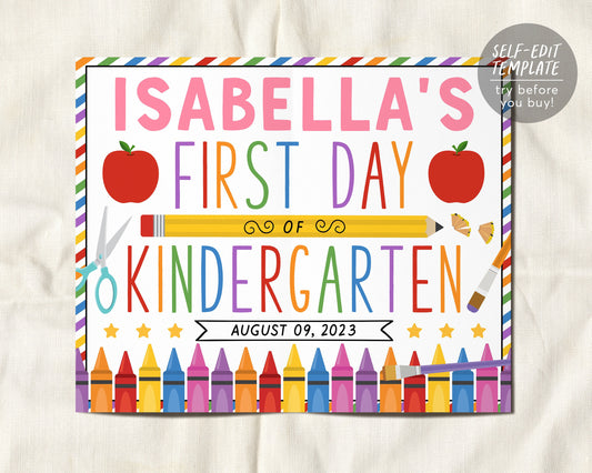 Back to School Sign Editable Template, First Day Of Elementary School Kindergarten Preschool Pre K Poster Photo Prop Printable Personalized