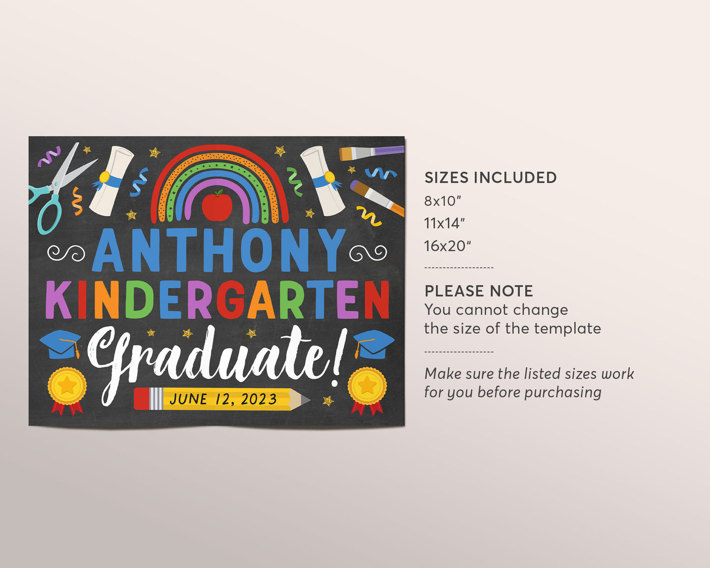 Kindergarten Boy Graduation Chalkboard Sign Editable Template, Pre K Graduation Poster Printable, Last day of School Photo Prop Personalized
